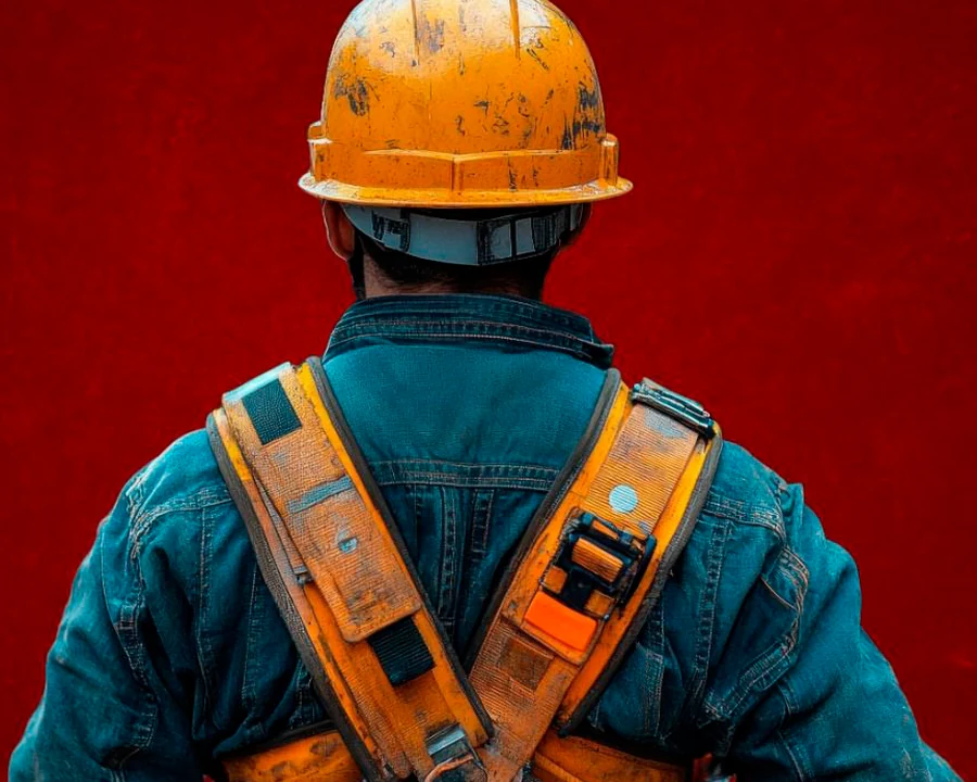 Trabajador con casco y arnés de seguridad